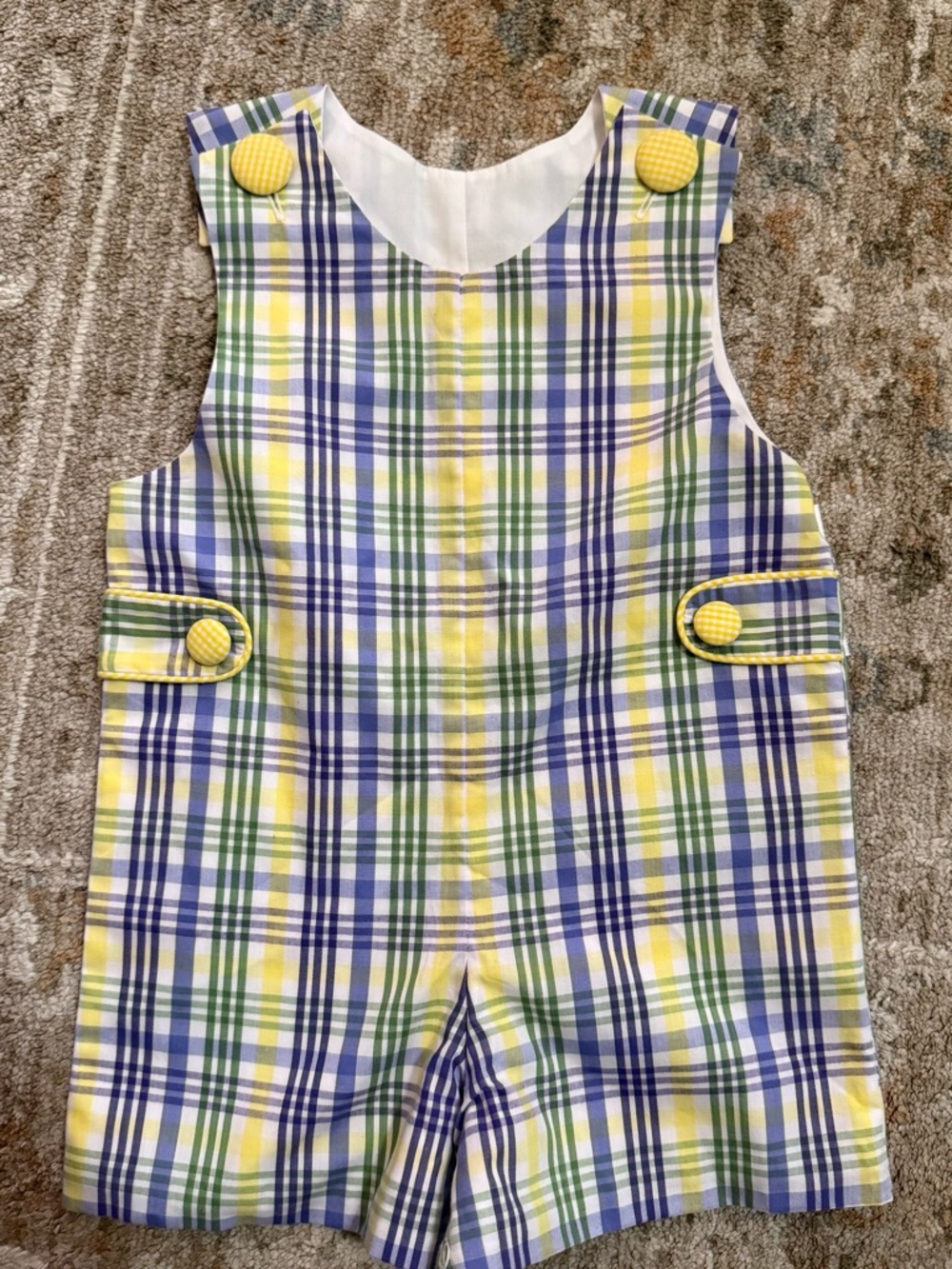 TRUE Children's Yellow, Blue & Green Plaid Romper